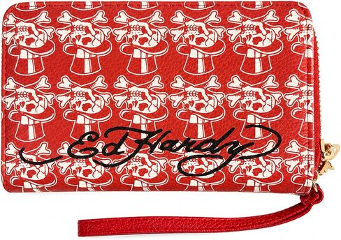 حقيبة يد نسائية من ED HARDY بسحاب حول المحفظة، حامل بطاقات بسعة كبيرة ومحفظة للعملات المعدنية، 8 × 5 بوصة (أحمر وشم) in Kuwait