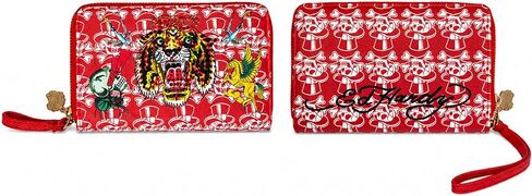 حقيبة يد نسائية من ED HARDY بسحاب حول المحفظة، حامل بطاقات بسعة كبيرة ومحفظة للعملات المعدنية، 8 × 5 بوصة (أحمر وشم) in Kuwait