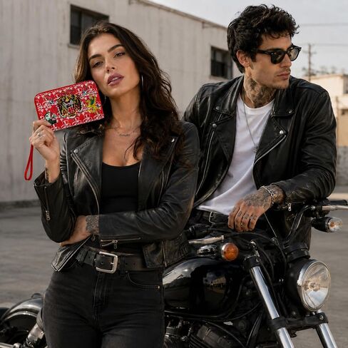 حقيبة يد نسائية من ED HARDY بسحاب حول المحفظة، حامل بطاقات بسعة كبيرة ومحفظة للعملات المعدنية، 8 × 5 بوصة (أحمر وشم) in Kuwait