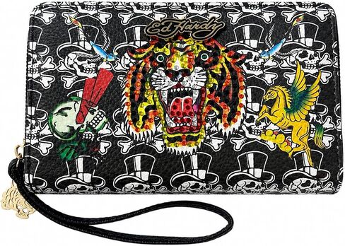 حقيبة يد نسائية من ED HARDY بسحاب حول المحفظة، حامل بطاقات بسعة كبيرة ومحفظة للعملات المعدنية، 8 × 5 بوصة (أحمر وشم) in Kuwait