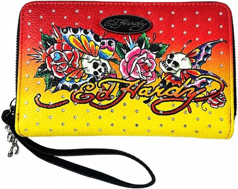 حقيبة يد نسائية من ED HARDY بسحاب حول المحفظة، حامل بطاقات بسعة كبيرة ومحفظة للعملات المعدنية، 8 × 5 بوصة (أحمر وشم) in Kuwait