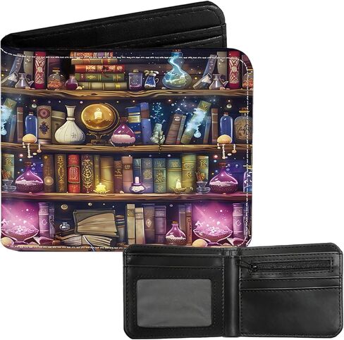 Bookshelf Bifold Wallet for Men, Women, PU Leather Small Slim Coin Pocket Wallet with ID Window, Gift for Book Lover Female Ladies, Black in Kuwait