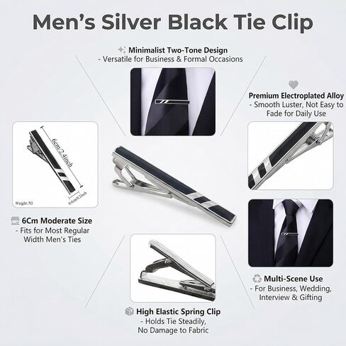 Happyupcity Black Silver Tie Clip for Men Tie Bar Clip Classic Tie Clasps Necktie Clips Tie Pins Wedding Business Pinch Clips in Kuwait