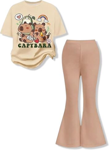 Ayzozuy Tween Girls 2 Piece Outfits Short Sleeve Cartoon Graphic T-Shirt & Flared Pants Kids Clothing Set Size 8-13 Years size 10 11 in Saudi Arabia
