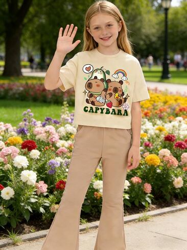 Ayzozuy Tween Girls 2 Piece Outfits Short Sleeve Cartoon Graphic T-Shirt & Flared Pants Kids Clothing Set Size 8-13 Years size 10 11 in Saudi Arabia