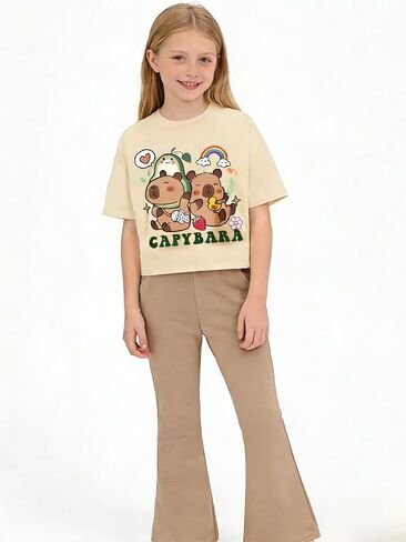 Ayzozuy Tween Girls 2 Piece Outfits Short Sleeve Cartoon Graphic T-Shirt & Flared Pants Kids Clothing Set Size 8-13 Years size 10 11 in Saudi Arabia