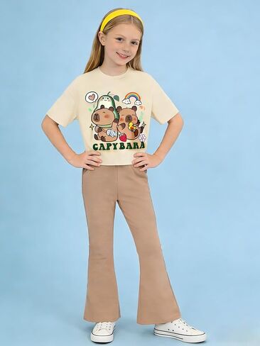 Ayzozuy Tween Girls 2 Piece Outfits Short Sleeve Cartoon Graphic T-Shirt & Flared Pants Kids Clothing Set Size 8-13 Years size 10 11 in Saudi Arabia