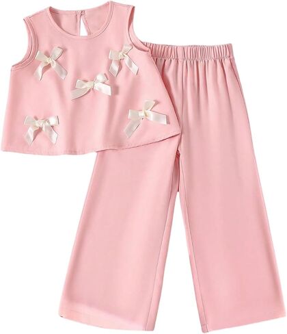 WDIRARA Girl's Bow Summer Outfit Crew Neck Sleeveless Tank Pants Set Cute Outfits in Kuwait