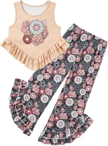 Kids4ever Girls Clothes Girl 2Pc Ruffle Outfits Tank Tops and Flare Leg Pants for 5-12Y Summer Clothing Set in Kuwait
