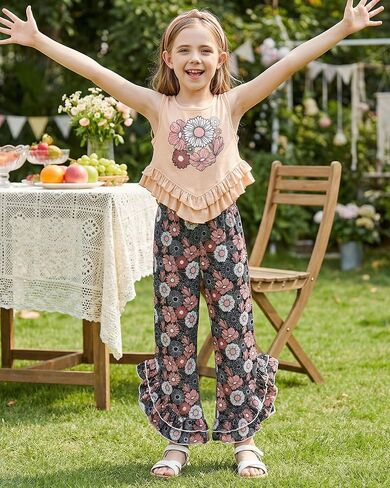 Kids4ever Girls Clothes Girl 2Pc Ruffle Outfits Tank Tops and Flare Leg Pants for 5-12Y Summer Clothing Set in Kuwait