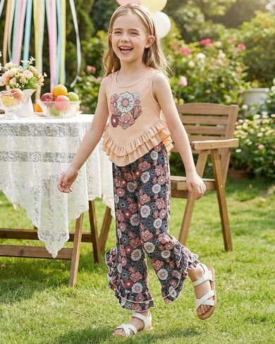 Kids4ever Girls Clothes Girl 2Pc Ruffle Outfits Tank Tops and Flare Leg Pants for 5-12Y Summer Clothing Set in Kuwait