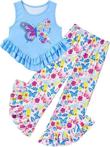 Kids4ever Girls Clothes Girl 2Pc Ruffle Outfits Tank Tops and Flare Leg Pants for 5-12Y Summer Clothing Set in Saudi Arabia