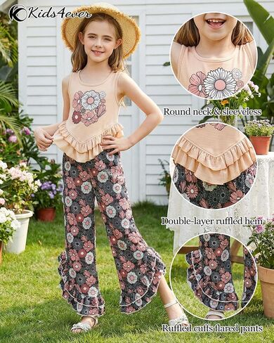 Kids4ever Girls Clothes Girl 2Pc Ruffle Outfits Tank Tops and Flare Leg Pants for 5-12Y Summer Clothing Set in Kuwait
