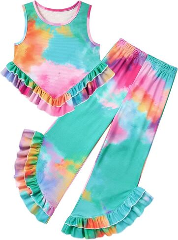 Kids4ever Girls Clothes Girl 2Pc Ruffle Outfits Tank Tops and Flare Leg Pants for 5-12Y Summer Clothing Set in Kuwait
