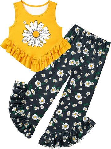 Kids4ever Girls Clothes Girl 2Pc Ruffle Outfits Tank Tops and Flare Leg Pants for 5-12Y Summer Clothing Set in Kuwait