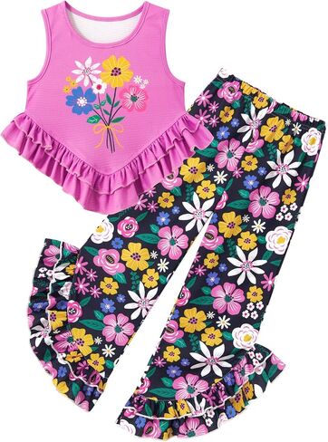 Kids4ever Girls Clothes Girl 2Pc Ruffle Outfits Tank Tops and Flare Leg Pants for 5-12Y Summer Clothing Set in Kuwait
