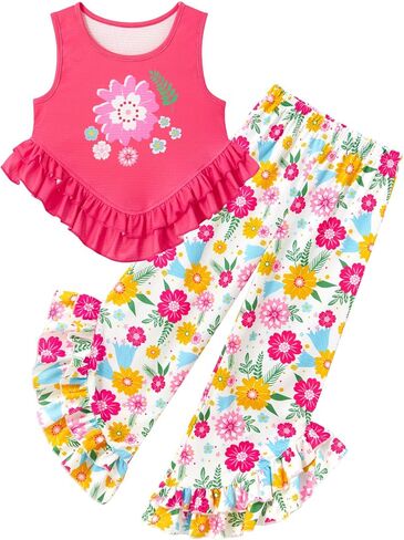 Kids4ever Girls Clothes Girl 2Pc Ruffle Outfits Tank Tops and Flare Leg Pants for 5-12Y Summer Clothing Set in Kuwait