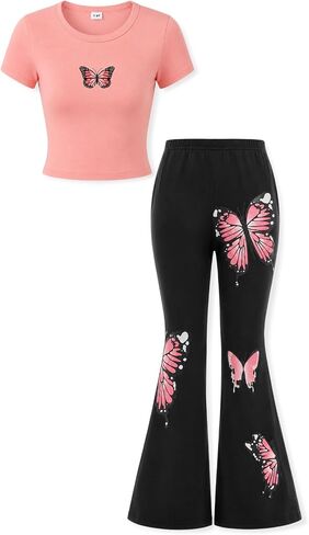 Girls 2 Piece Outfit Tween Girls Fall Clothes Set Short Sleeve + Butterfly Print Flared Pants Outfits in Kuwait