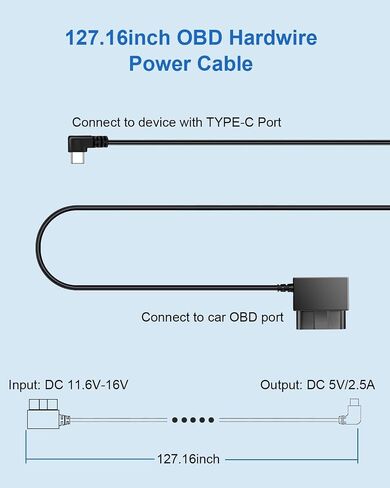 YKT Dash Cam OBD Hardwire Kit, Dash Camera Power Cable Type C Port 11.6-16V to 5V/2.5A with Low Voltage Protection 24h Parking Monitor/Acc Mode for Dashcam, GPS (Type-C) (Fit for All Dash Cam) in Kuwait