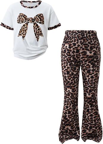 Tween Girls Clothes 2 Piece Outfits Bow Short Sleeve Tops and Leopard Print Flare Pants Summer Set in Saudi Arabia