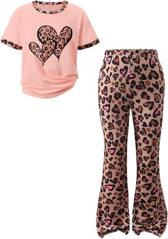 Tween Girls Clothes 2 Piece Outfits Bow Short Sleeve Tops and Leopard Print Flare Pants Summer Set in Saudi Arabia