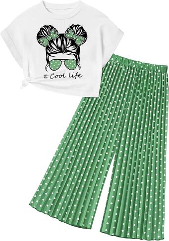 Girls Clothes Crop Tops Pleated Wide Leg Pants 2Pcs Spring Summer T-shirt Outfit in Saudi Arabia