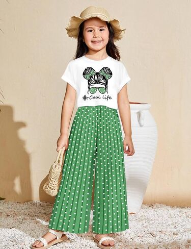 Girls Clothes Crop Tops Pleated Wide Leg Pants 2Pcs Spring Summer T-shirt Outfit in Saudi Arabia