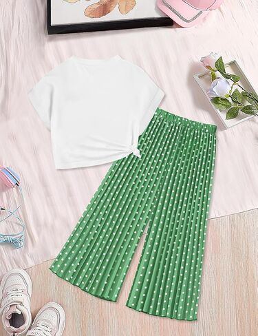 Girls Clothes Crop Tops Pleated Wide Leg Pants 2Pcs Spring Summer T-shirt Outfit in Saudi Arabia