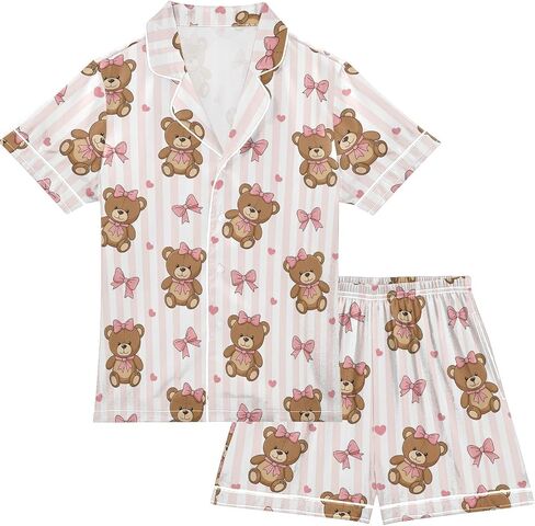 Pfrewn Silk Satin Pajamas Set 2 Piece Button Down Short Sleeve Jammies Sleepwear Loungewear Size 5-14 Years in Kuwait