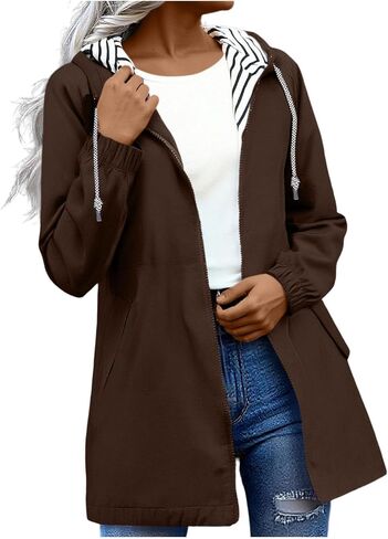 Rain Jacket Women 2026 Lightweight Water Resistant Long Hooded Raincoat Drawstring Windproof Jacket with Pockets in Kuwait