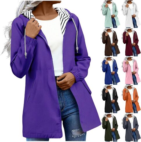 Rain Jacket Women 2026 Lightweight Water Resistant Long Hooded Raincoat Drawstring Windproof Jacket with Pockets in Kuwait