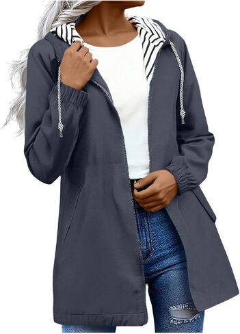 Rain Jacket Women 2026 Lightweight Water Resistant Long Hooded Raincoat Drawstring Windproof Jacket with Pockets in Kuwait