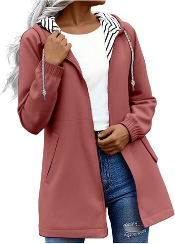 Rain Jacket Women 2026 Lightweight Water Resistant Long Hooded Raincoat Drawstring Windproof Jacket with Pockets in Kuwait