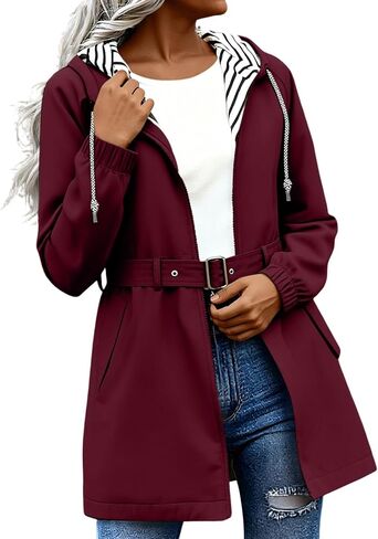 Womens Rain Jacket Lightweight Zip Up Raincoat Drawstring Hooded Raincoats with Belt Waterproof Windbreaker Jackets in Saudi Arabia