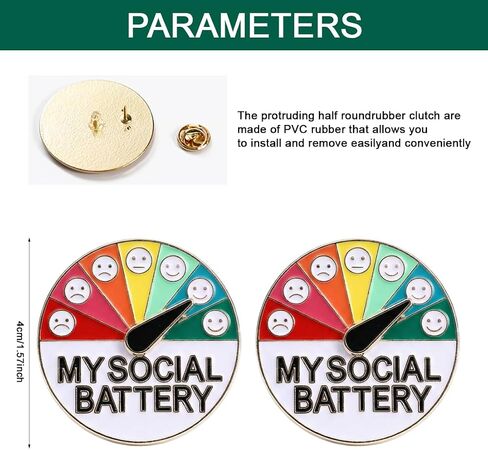 2 Pcs My Social Battery Slider Pin 7 Days a Week Funny Interactive Round Brooch Enamel Pins for Work, Introverts in Kuwait
