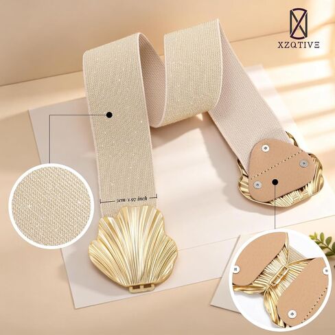 XZQTIVE Women’s Wide Elastic Belt for Dresses – Stretchy Fashion Waist Belt for Ladies with Boho Shell Gold Buckle in Kuwait