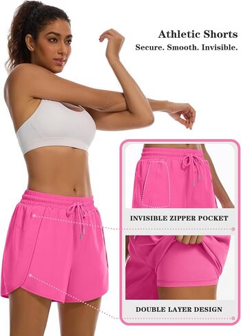 Mancreda Women's Athletic Running Shorts with Liner, 2 Zipper Pockets & Sun Protection Quick Dry Workout Shorts for Gym Yoga in Saudi Arabia