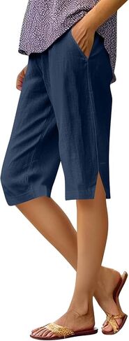 Womens Shorts Knee Length Causal Elastic Waist Linen Shorts with Pockets Summer Beach Outfits in Kuwait