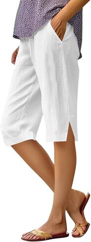 Womens Shorts Knee Length Causal Elastic Waist Linen Shorts with Pockets Summer Beach Outfits in Kuwait
