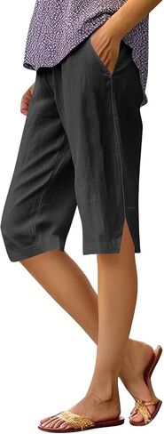 Womens Shorts Knee Length Causal Elastic Waist Linen Shorts with Pockets Summer Beach Outfits in Kuwait