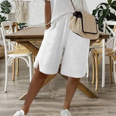 Womens Shorts Knee Length Causal Elastic Waist Linen Shorts with Pockets Summer Beach Outfits in Kuwait