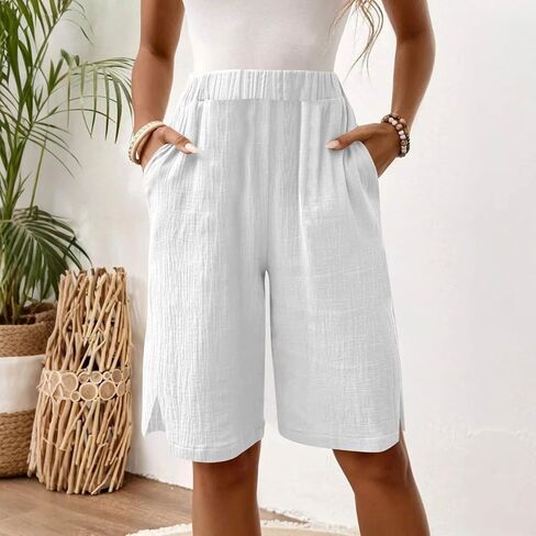 Womens Shorts Knee Length Causal Elastic Waist Linen Shorts with Pockets Summer Beach Outfits in Kuwait