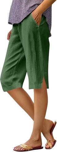 Womens Shorts Knee Length Causal Elastic Waist Linen Shorts with Pockets Summer Beach Outfits in Kuwait
