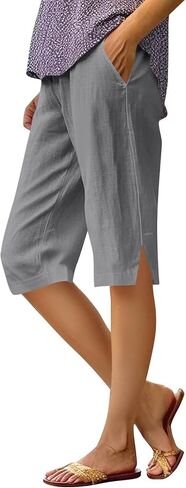 Womens Shorts Knee Length Causal Elastic Waist Linen Shorts with Pockets Summer Beach Outfits in Kuwait