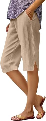 Womens Shorts Knee Length Causal Elastic Waist Linen Shorts with Pockets Summer Beach Outfits in Kuwait
