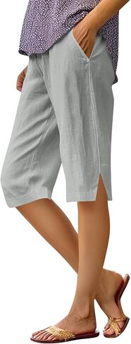 Womens Shorts Knee Length Causal Elastic Waist Linen Shorts with Pockets Summer Beach Outfits in Kuwait