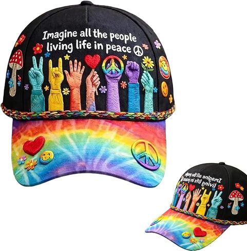 Peace Graphic Print Hat, Imagine All The People Living Life in Peace Rainbow Hat, Hat Peace Sign Cap for Outdoor & Daily Wear, Unisex Adult Peace Lovers in Saudi Arabia