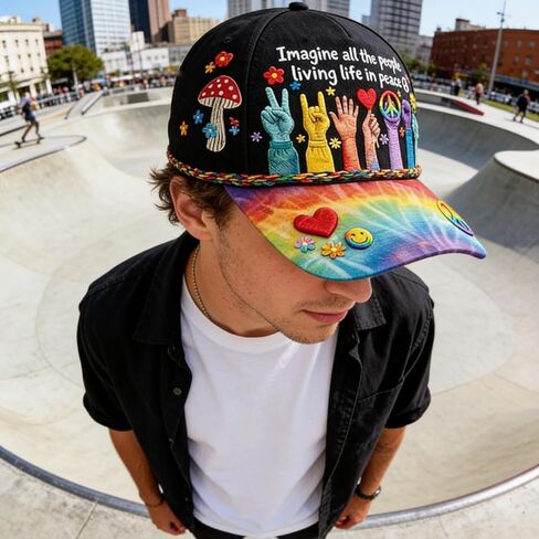 Peace Graphic Print Hat, Imagine All The People Living Life in Peace Rainbow Hat, Hat Peace Sign Cap for Outdoor & Daily Wear, Unisex Adult Peace Lovers in Saudi Arabia