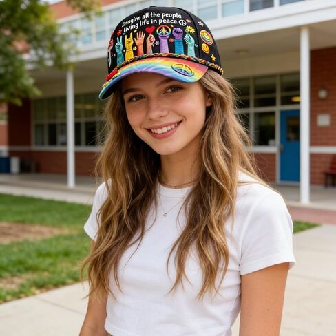 Peace Graphic Print Hat, Imagine All The People Living Life in Peace Rainbow Hat, Hat Peace Sign Cap for Outdoor & Daily Wear, Unisex Adult Peace Lovers in Saudi Arabia