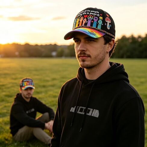 Peace Graphic Print Hat, Imagine All The People Living Life in Peace Rainbow Hat, Hat Peace Sign Cap for Outdoor & Daily Wear, Unisex Adult Peace Lovers in Saudi Arabia